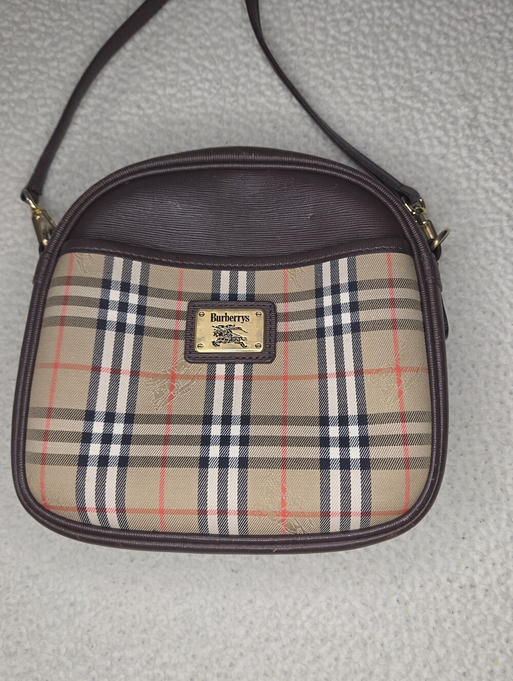 Rare Authentic Vintage Burberry Beige Check Crossbody Bag with Brown Trim